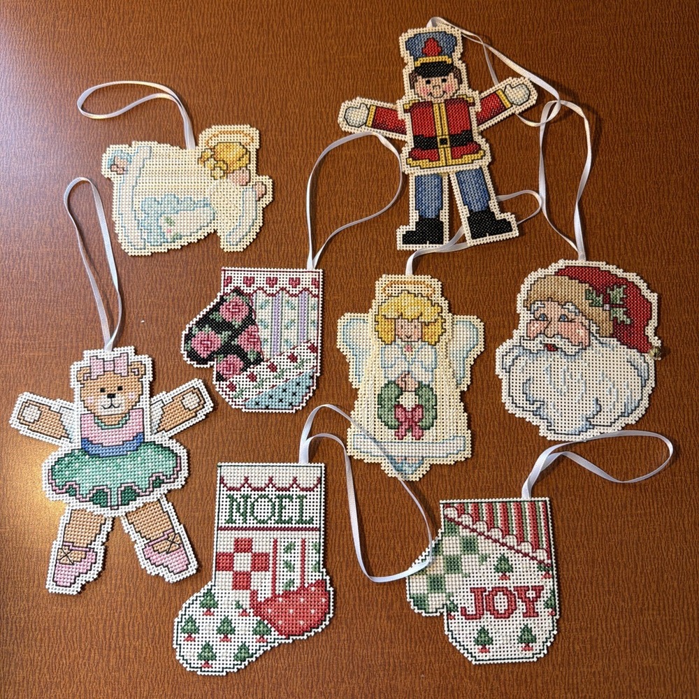 Vtg Christmas Cross Stitch On Canvas Ornaments Set Of 8‎ Angels Santa Nutcracker